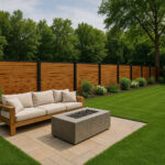 Beautiful backyard with sleek modern wood and metal fence in North Jersey.