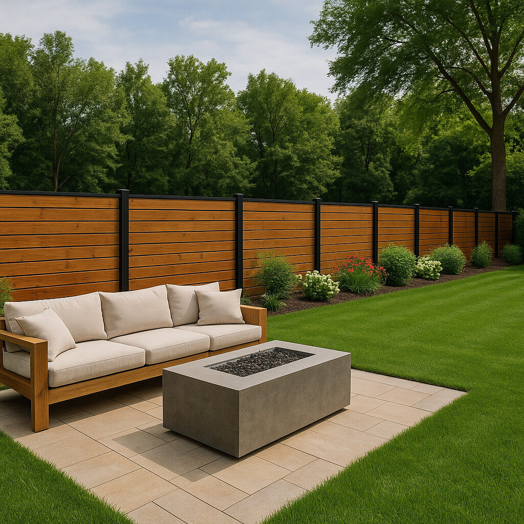 Beautiful backyard with sleek modern wood and metal fence in North Jersey.