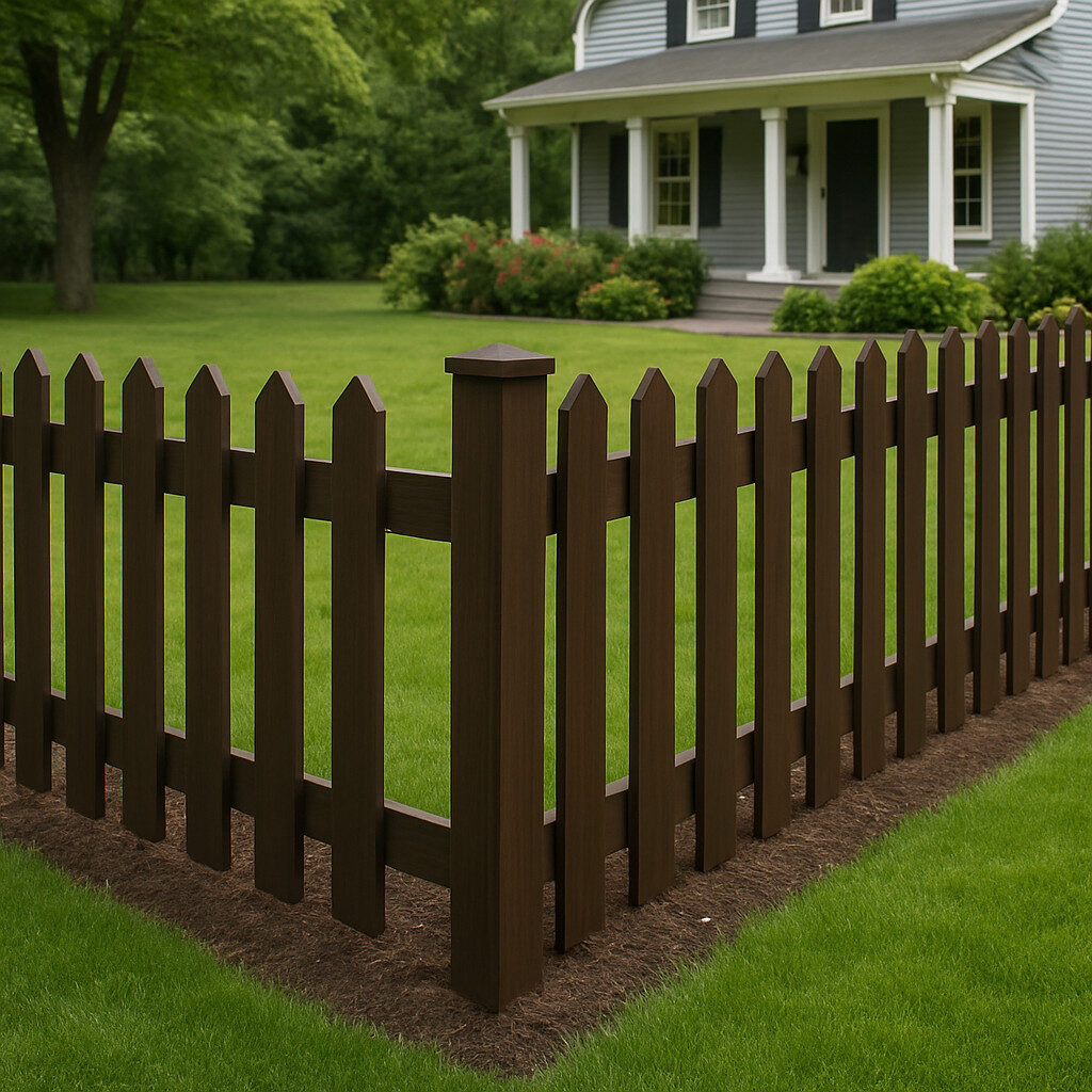 Dark-stained modern wood picket fence with wider pickets and clean lines, enclosing a suburban front yard with a traditional home in the background.