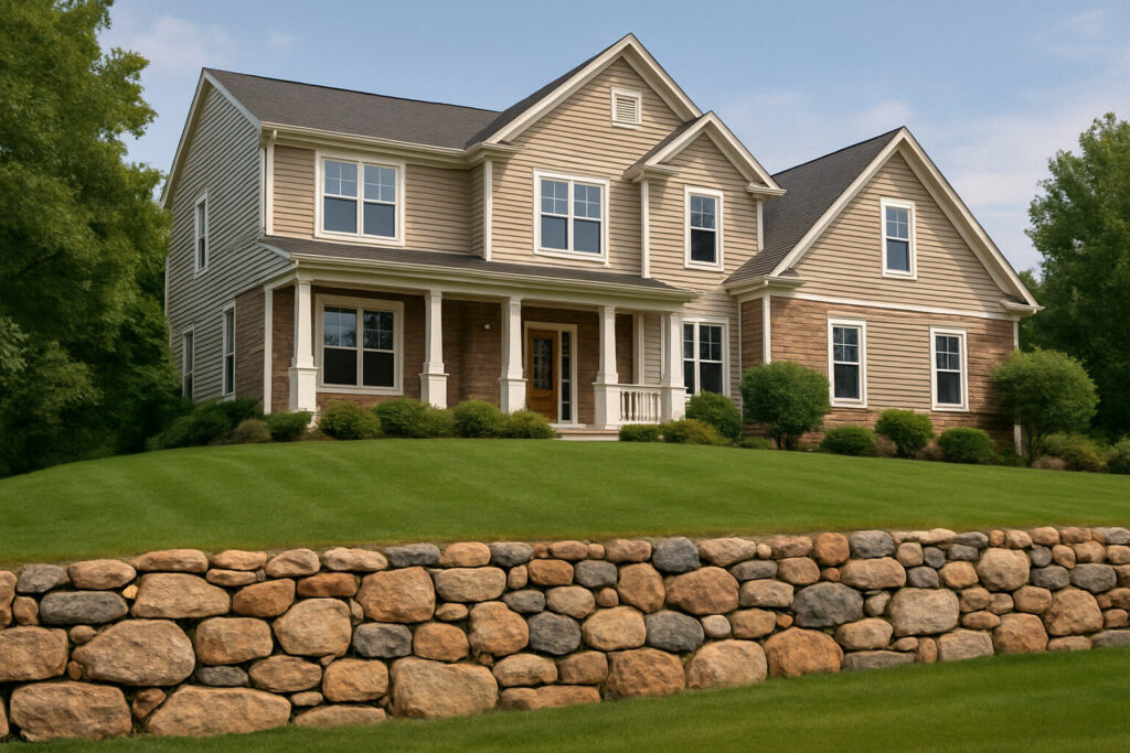 A large suburban home with a sloping front yard held back by a natural stone retaining wall, surrounded by green grass and landscaping.
