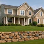 A large suburban home with a sloping front yard held back by a natural stone retaining wall, surrounded by green grass and landscaping.