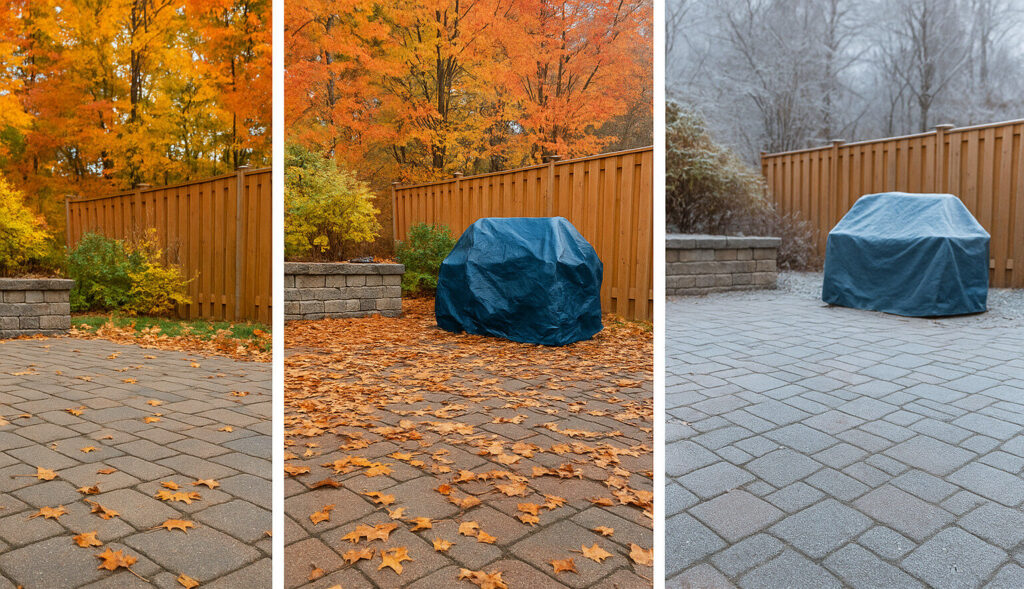 Three-panel image showing the seasonal transition of a North Jersey backyard patio: early fall with colourful foliage, mid to late fall with leaf-covered pavers, and first frost with light ice coating on the ground and covered furniture.