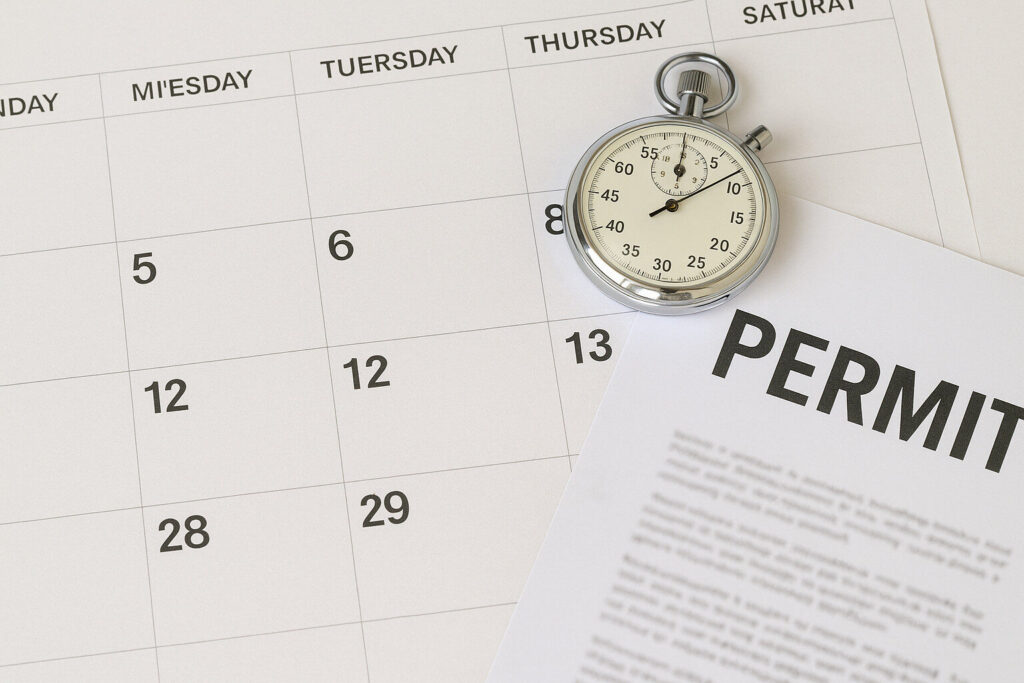 Calendar with a stopwatch and permit document, symbolizing the time it takes to get permits approved for fence and hardscape projects.