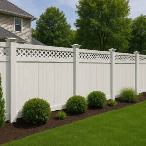 White vinyl privacy fence with decorative lattice top and post caps in a suburban North Jersey backyard with landscaped shrubs and lawn.
