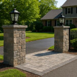 Stone driveway entrance featuring stacked stone pillars with lantern lights and a herringbone paver apron leading to a suburban home with red brick accents